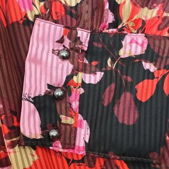 Lane Bryant 22 Accordion Floral Spring Lined Key Hole Blouse Chiffon Red Pink - Picture 5 of 15